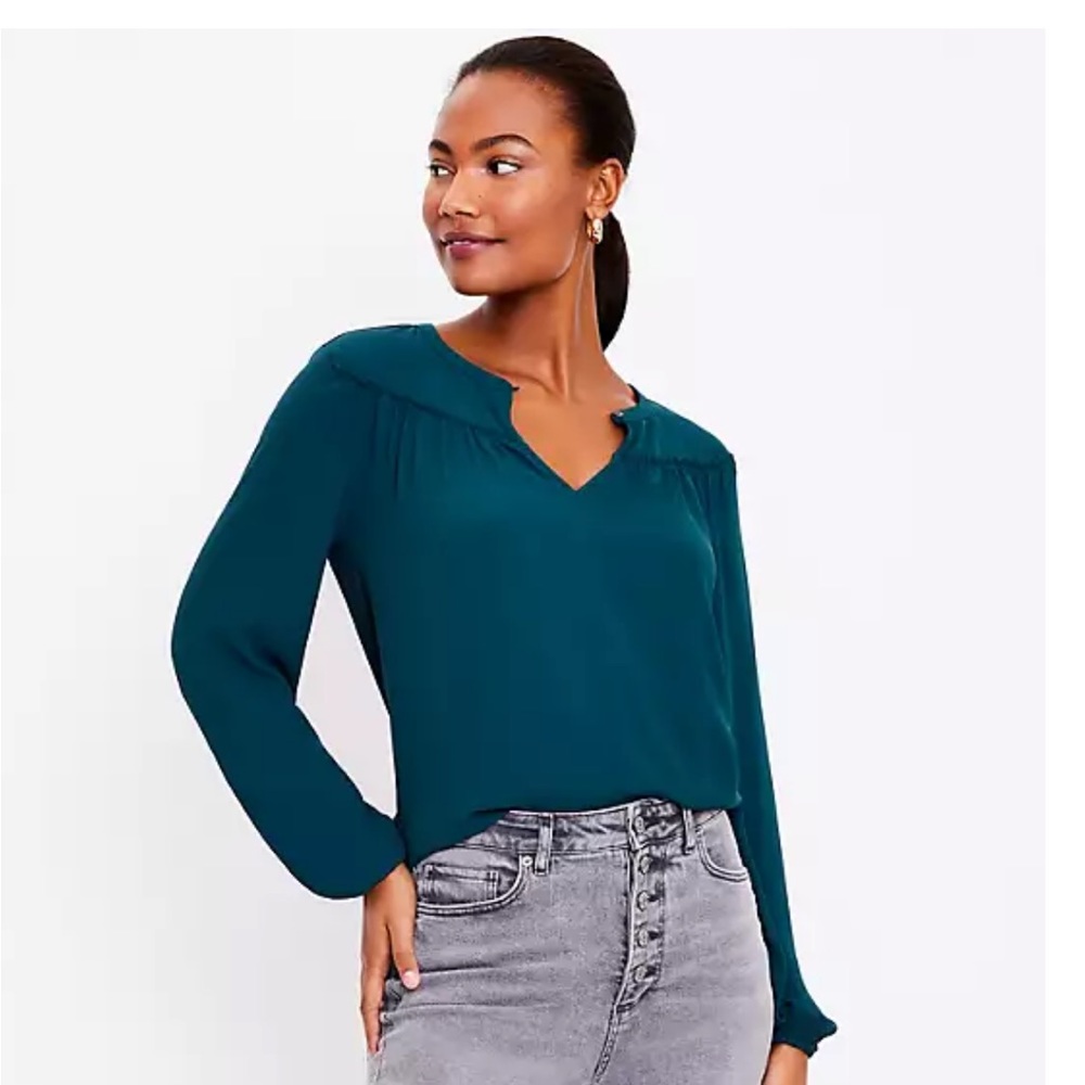 Loft Shirred Split Neck Longsleeved Blouse